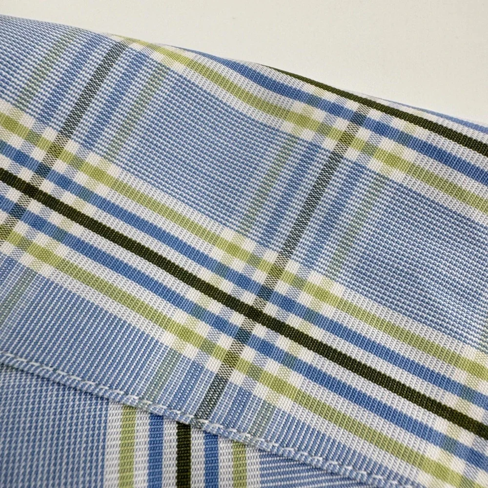 Turnbull Asser Bespoke Mens Blue Green‎ Plaid Dress Shirt Neck 15